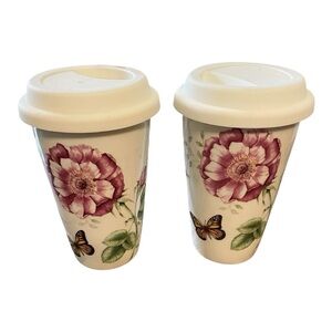 Two Thermal Travel Mugs, Butterfly Meadow by Lenox, Ceramic, Lids, Double Wall.